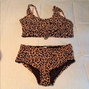 Leopard Print Two-Piece Swimsuit Set - Rust/Black